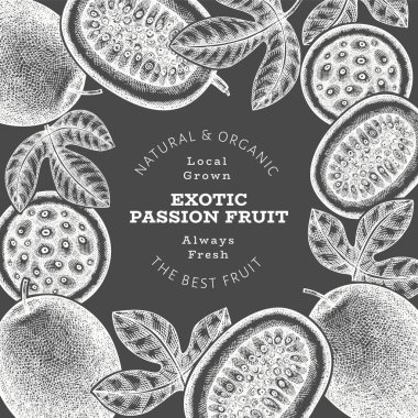 Elle çizilmiş eskiz tarzı tutku meyveli pankart. Tebeşir tahtasında organik taze meyve vektör çizimi. Retro egzotik maracuya tasarım şablonu