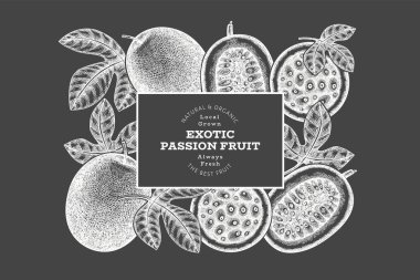 Elle çizilmiş eskiz tarzı tutku meyveli pankart. Tebeşir tahtasında organik taze meyve vektör çizimi. Retro egzotik maracuya tasarım şablonu