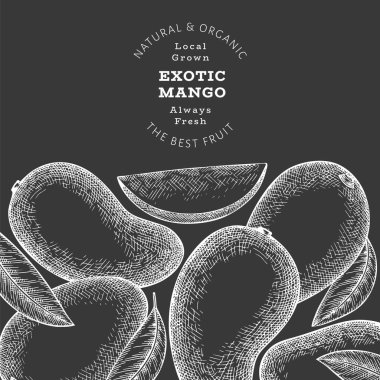 El çizimi mango afişi. Tebeşir tahtasında organik taze meyve vektör çizimi. Retro mango meyve tasarım şablonu