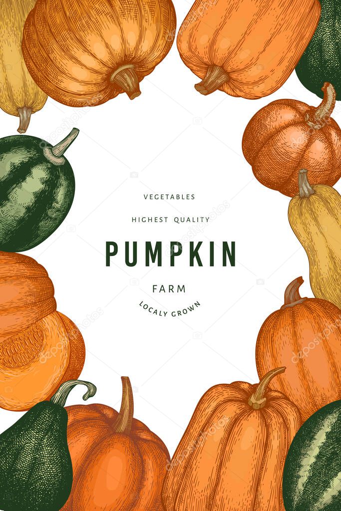 Pumpkin color design template. Vector hand drawn illustrations. Thanksgiving backdrop in retro style with pumpkin harvest. Autumn background.