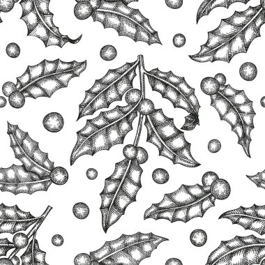 Noel el çizimi vektör kusursuz desen. Klasik botanik çizimi. Kış bitkileri xmas arkaplanı.