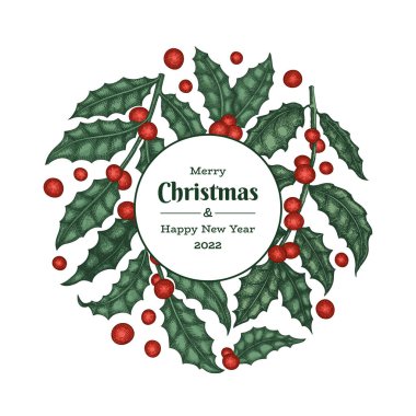 Noel el çizimi vektör tebrik kartı tasarımı şablonu. Klasik botanik çizimi. Kış bitkileri Xmas bayrağı.