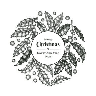 Noel el çizimi vektör tebrik kartı tasarımı şablonu. Klasik botanik çizimi. Kış bitkileri Xmas bayrağı.