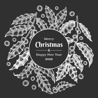 Noel el çizimi vektör tebrik kartı tasarımı şablonu. Tebeşir tahtasında klasik botanik çizimi. Kış bitkileri Xmas bayrağı.