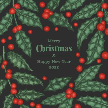 Noel el çizimi vektör tebrik kartı tasarımı şablonu. Klasik botanik çizimi. Kış bitkileri Xmas bayrağı.