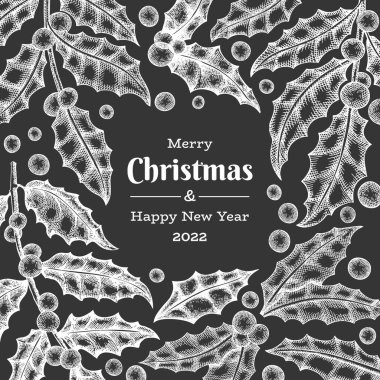 Noel el çizimi vektör tebrik kartı tasarımı şablonu. Tebeşir tahtasında klasik botanik çizimi. Kış bitkileri Xmas bayrağı.