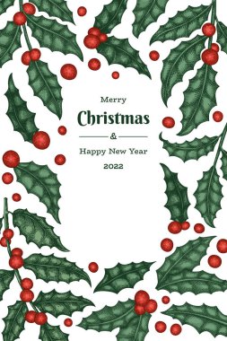 Noel el çizimi vektör tebrik kartı tasarımı şablonu. Klasik botanik çizimi. Kış bitkileri Xmas bayrağı.