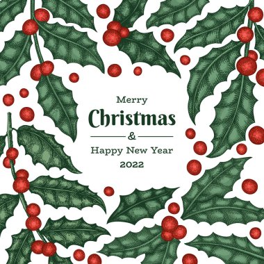 Noel el çizimi vektör tebrik kartı tasarımı şablonu. Klasik botanik çizimi. Kış bitkileri Xmas bayrağı.