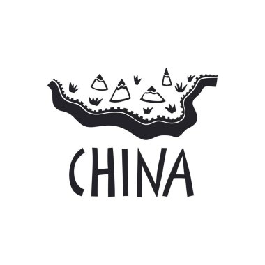 Vektör el Çin 'in karada marl logosunu çizdi. Seyahat pikogramı. Coğrafya gezisi illüstrasyonu. Asya konsepti.