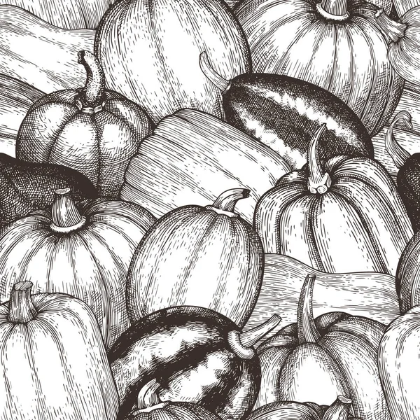 Pumpkin Seamless Pattern Vector Hand Drawn Illustrations Thanksgiving Backdrop Retro — Stock Vector