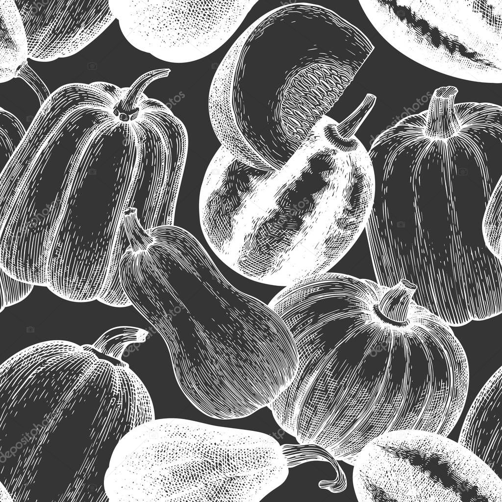 Pumpkin seamless pattern. Vector hand drawn illustrations on chalk board. Thanksgiving backdrop in vintage style with pumpkin harvest. Autumn background.