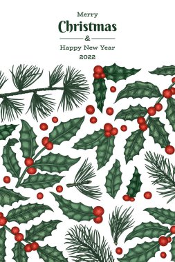 Noel el çizimi vektör tebrik kartı tasarımı şablonu. Klasik botanik çizimi. Kış bitkileri Xmas bayrağı.