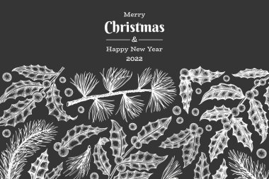 Noel el çizimi vektör tebrik kartı tasarımı şablonu. Klasik botanik çizimi. Kış bitkileri Xmas bayrağı.