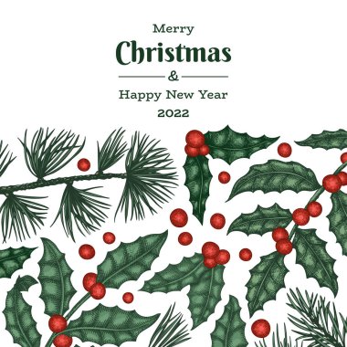 Noel el çizimi vektör tebrik kartı tasarımı şablonu. Klasik botanik çizimi. Kış bitkileri Xmas bayrağı.