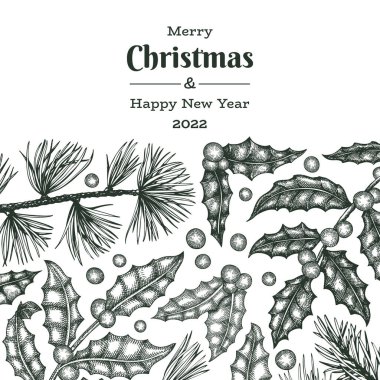 Noel el çizimi vektör tebrik kartı tasarımı şablonu. Klasik botanik çizimi. Kış bitkileri Xmas bayrağı.