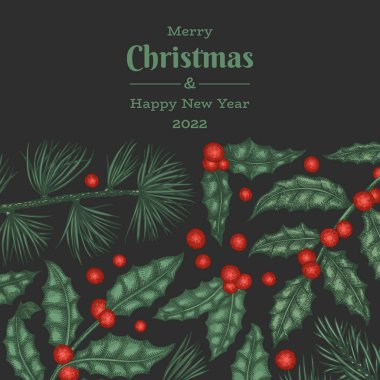 Noel el çizimi vektör tebrik kartı tasarımı şablonu. Klasik botanik çizimi. Kış bitkileri Xmas bayrağı.