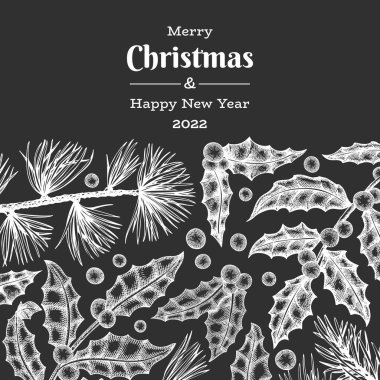 Noel el çizimi vektör tebrik kartı tasarımı şablonu. Klasik botanik çizimi. Kış bitkileri Xmas bayrağı.