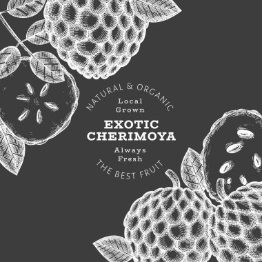 El yapımı çizim stili Cherimoya afişi. Tebeşir tahtasında organik taze meyve vektör çizimi. Botanik tasarım şablonu.