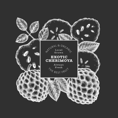 El yapımı çizim stili Cherimoya afişi. Tebeşir tahtasında organik taze meyve vektör çizimi. Botanik tasarım şablonu.