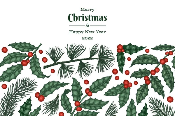 Noel el çizimi vektör tebrik kartı tasarımı şablonu. Klasik botanik çizimi. Kış bitkileri Xmas bayrağı.