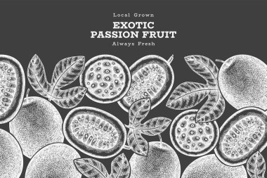 Elle çizilmiş eskiz tarzı tutku meyveli pankart. Tebeşir tahtasında organik taze meyve vektör çizimi. Retro egzotik maracuya tasarım şablonu