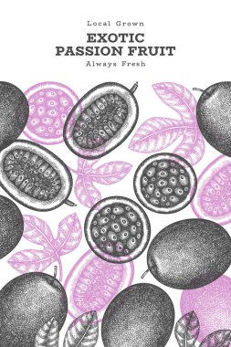 Elle çizilmiş eskiz tarzı tutku meyveli pankart. Organik taze meyve vektörü çizimi. Retro egzotik meyve tasarım şablonu