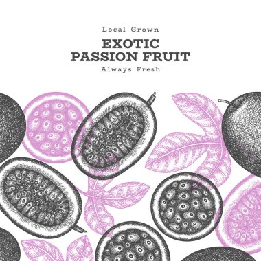 Elle çizilmiş eskiz tarzı tutku meyveli pankart. Organik taze meyve vektörü çizimi. Retro egzotik meyve tasarım şablonu