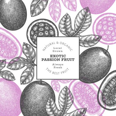 Elle çizilmiş eskiz tarzı tutku meyveli pankart. Organik taze meyve vektörü çizimi. Retro egzotik meyve tasarım şablonu