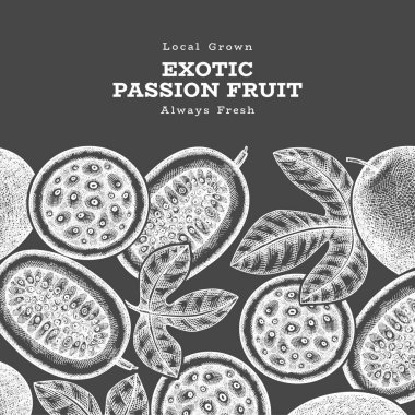 Elle çizilmiş eskiz tarzı tutku meyveli pankart. Tebeşir tahtasında organik taze meyve vektör çizimi. Retro egzotik maracuya tasarım şablonu