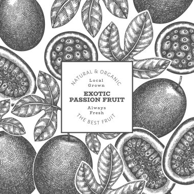 Elle çizilmiş eskiz tarzı tutku meyveli pankart. Organik taze meyve vektörü çizimi. Retro egzotik meyve tasarım şablonu