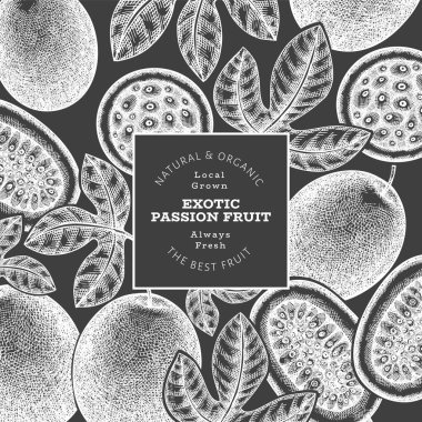 Elle çizilmiş eskiz tarzı tutku meyveli pankart. Tebeşir tahtasında organik taze meyve vektör çizimi. Retro egzotik maracuya tasarım şablonu