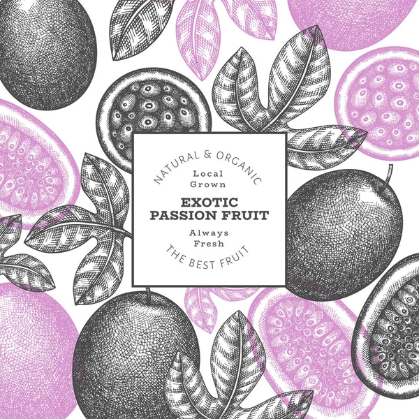 Elle çizilmiş eskiz tarzı tutku meyveli pankart. Organik taze meyve vektörü çizimi. Retro egzotik meyve tasarım şablonu