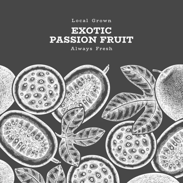 Elle çizilmiş eskiz tarzı tutku meyveli pankart. Tebeşir tahtasında organik taze meyve vektör çizimi. Retro egzotik maracuya tasarım şablonu