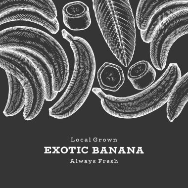 Elle çizilmiş muz pankartı. Tebeşir tahtasında organik taze meyve vektör çizimi. Retro egzotik meyve tasarım şablonu