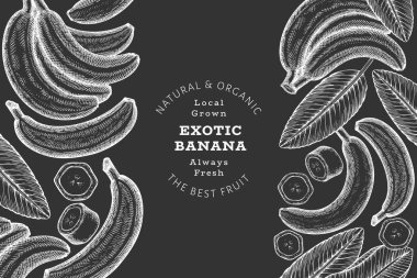 Elle çizilmiş muz pankartı. Tebeşir tahtasında organik taze meyve vektör çizimi. Retro egzotik meyve tasarım şablonu