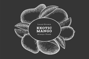 El çizimi mango afişi. Tebeşir tahtasında organik taze meyve vektör çizimi. Retro mango meyve tasarım şablonu