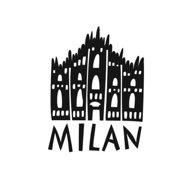 Vektör eli İtalya etiketi çizdi. Milan 'ın seyahat illüstrasyonu. El çizimi resimli harfler. İtalyanca sembol logosu