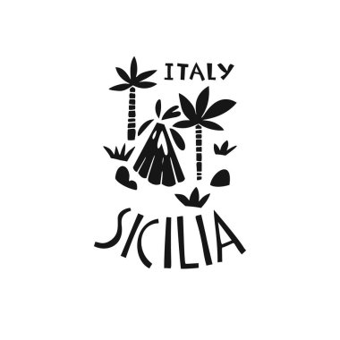 Vektör eli İtalya etiketi çizdi. Sicilya 'nın seyahat çizimi. El çizimi resimli harfler. İtalyanca sembol logosu