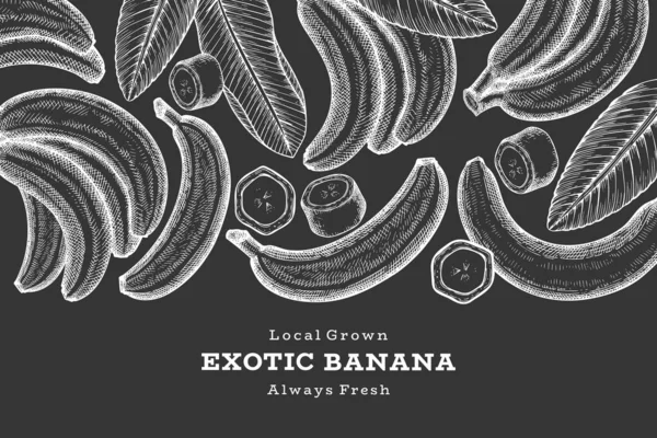 Elle çizilmiş muz pankartı. Tebeşir tahtasında organik taze meyve vektör çizimi. Retro egzotik meyve tasarım şablonu