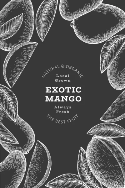 El çizimi mango afişi. Tebeşir tahtasında organik taze meyve vektör çizimi. Retro mango meyve tasarım şablonu