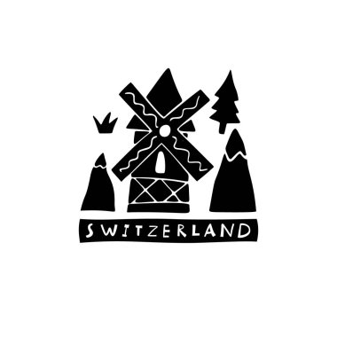 Vektör el İsviçre 'nin sembollerini çizdi. Seyahat illüstrasyonu. İsviçre simgesi logosu