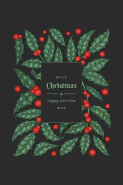 Noel el çizimi vektör tebrik kartı tasarımı şablonu. Klasik botanik çizimi. Kış bitkileri Xmas bayrağı.