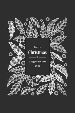 Noel el çizimi vektör tebrik kartı tasarımı şablonu. Tebeşir tahtasında klasik botanik çizimi. Kış bitkileri Xmas bayrağı.