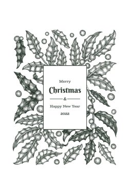 Noel el çizimi vektör tebrik kartı tasarımı şablonu. Klasik botanik çizimi. Kış bitkileri Xmas bayrağı.