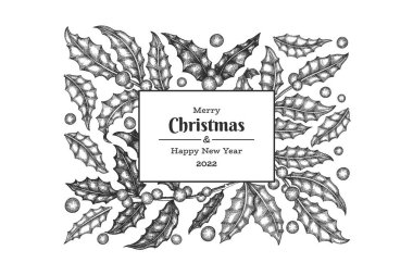 Noel el çizimi vektör tebrik kartı tasarımı şablonu. Klasik botanik çizimi. Kış bitkileri Xmas bayrağı.
