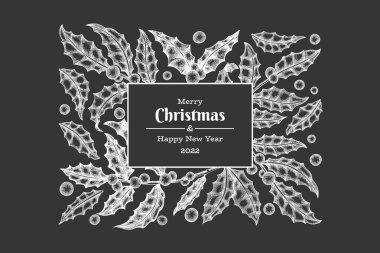 Noel el çizimi vektör tebrik kartı tasarımı şablonu. Tebeşir tahtasında klasik botanik çizimi. Kış bitkileri Xmas bayrağı.