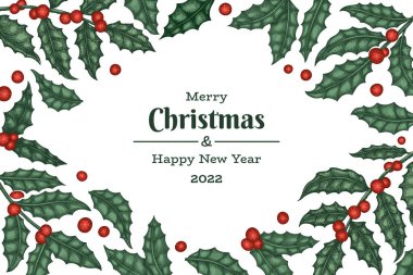 Noel el çizimi vektör tebrik kartı tasarımı şablonu. Klasik botanik çizimi. Kış bitkileri Xmas bayrağı.