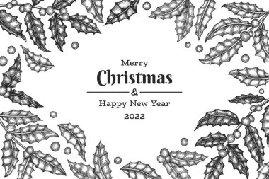 Noel el çizimi vektör tebrik kartı tasarımı şablonu. Klasik botanik çizimi. Kış bitkileri Xmas bayrağı.