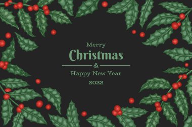 Noel el çizimi vektör tebrik kartı tasarımı şablonu. Klasik botanik çizimi. Kış bitkileri Xmas bayrağı.