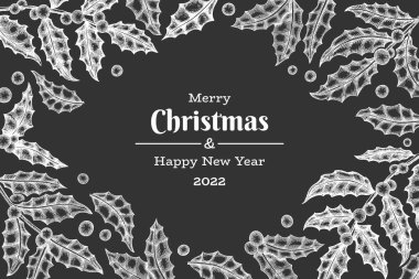 Noel el çizimi vektör tebrik kartı tasarımı şablonu. Tebeşir tahtasında klasik botanik çizimi. Kış bitkileri Xmas bayrağı.